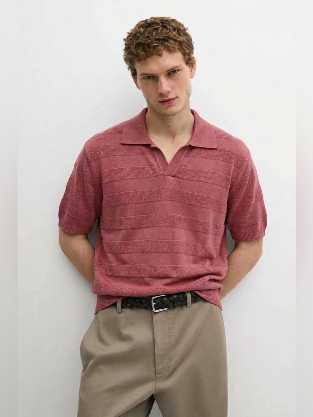 Far Afield Pink Organic Cotton Johnny Collar Marsan Short Sleeve Polo Size Large